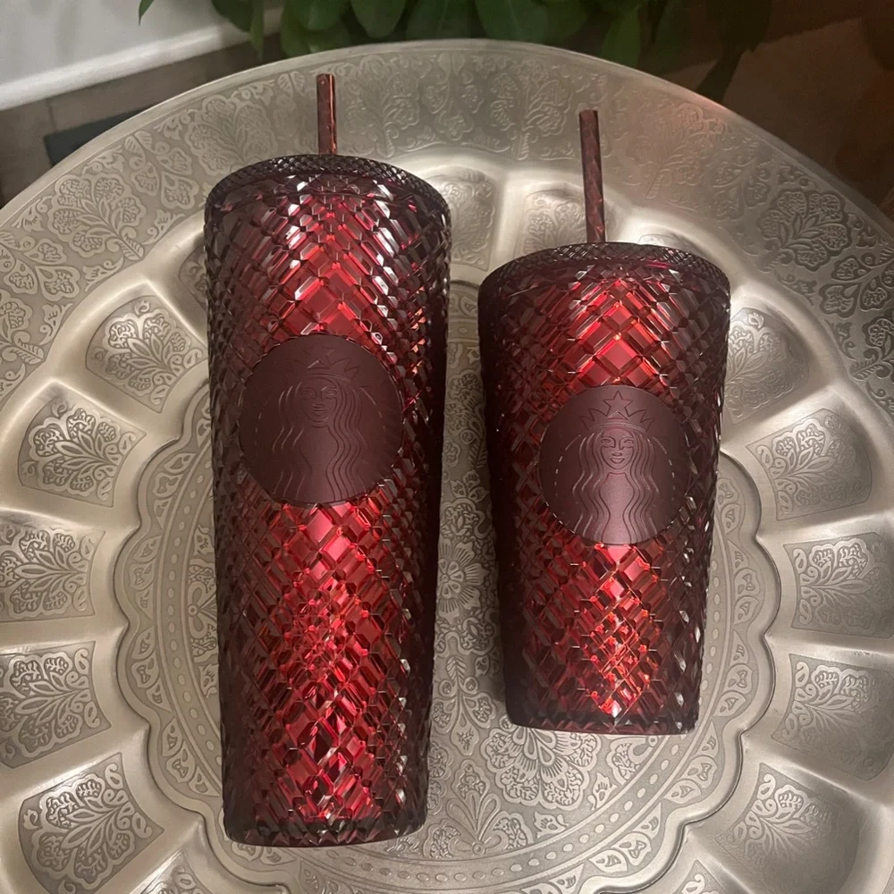 SET OF TWO NWT STARBUCKS 2022 SANGRIA RED 16 oz AND 24 oz Jeweled Tumblers